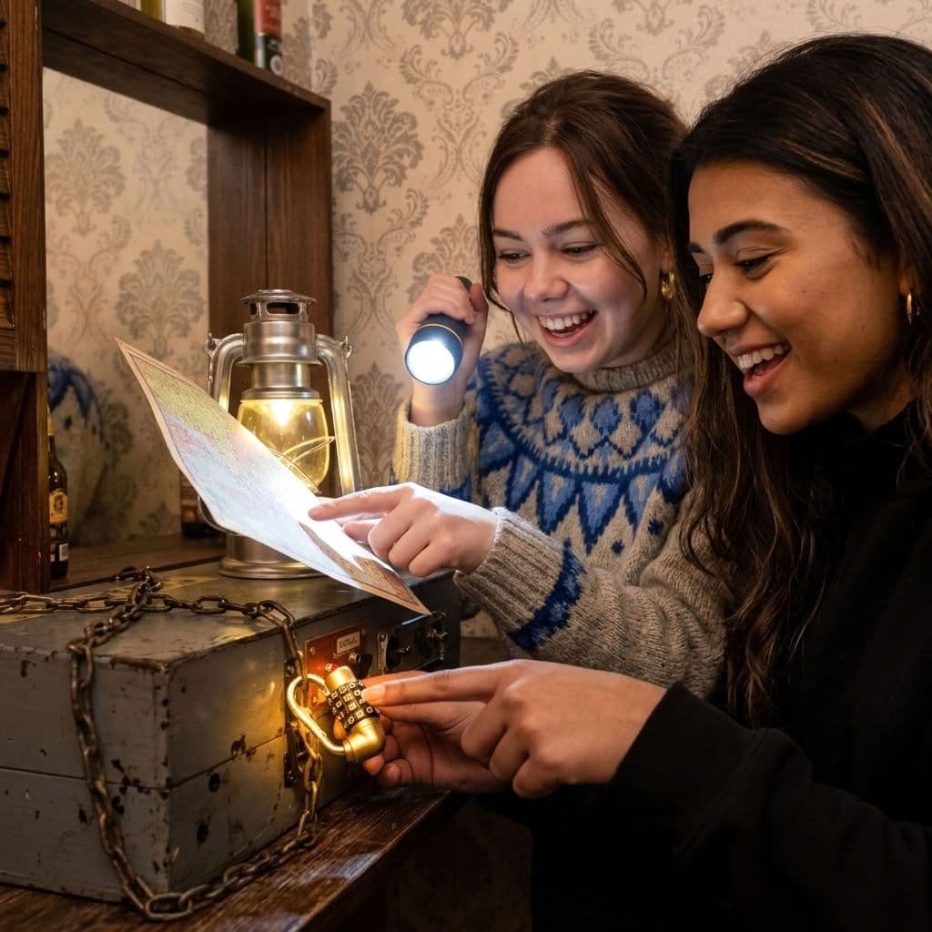 Two friends laughing as one shines a torch on a map and the other opens a combination lock on a chained box.